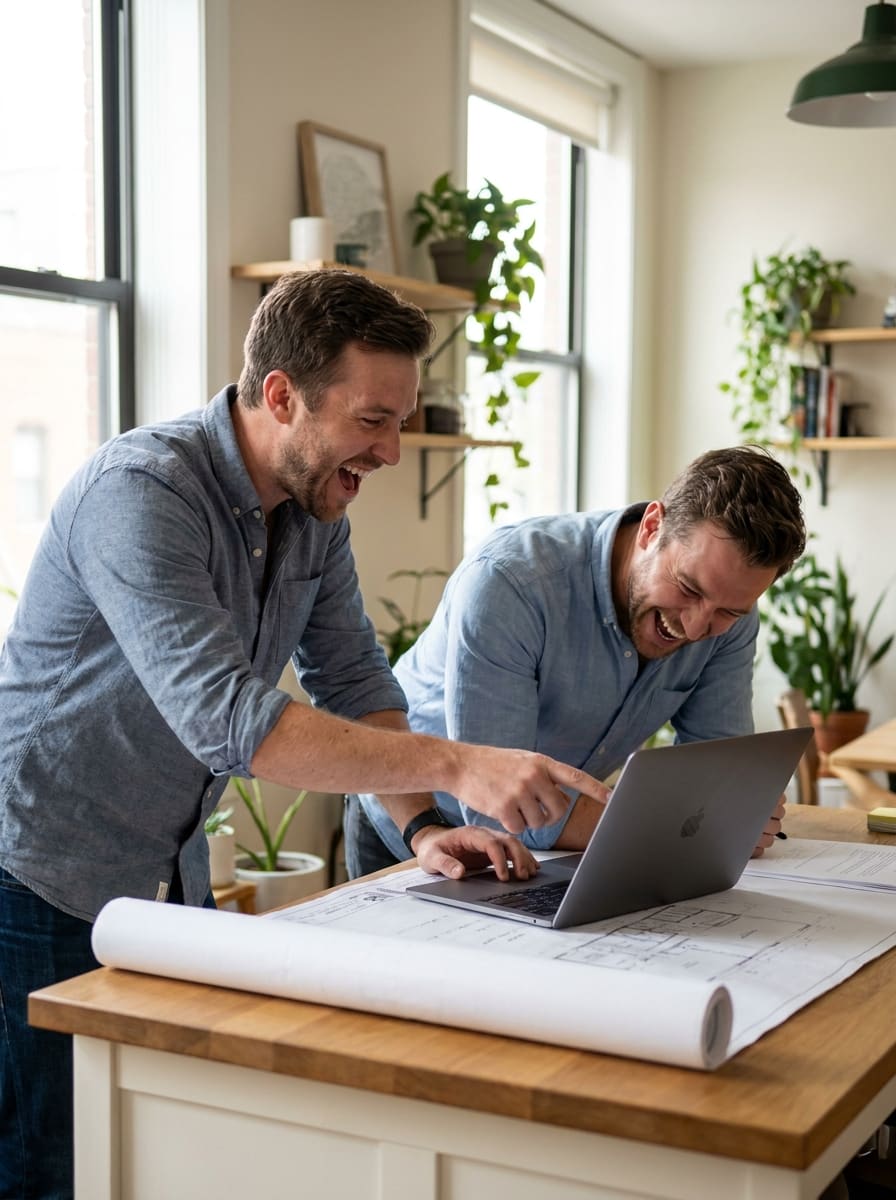 Two business partners sharing a genuine, excited moment while planning together